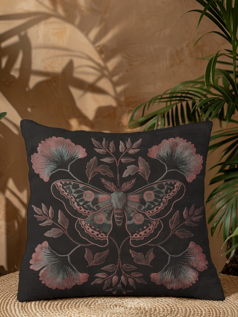 A square decorative pillow featuring an intricately detailed Luna moth in faded rose pink, slate blue and dusty terracotta colors on a black background. The moth is centered in a symmetrical arrangement with ginkgo-inspired leaves and botanical elements surrounding it.