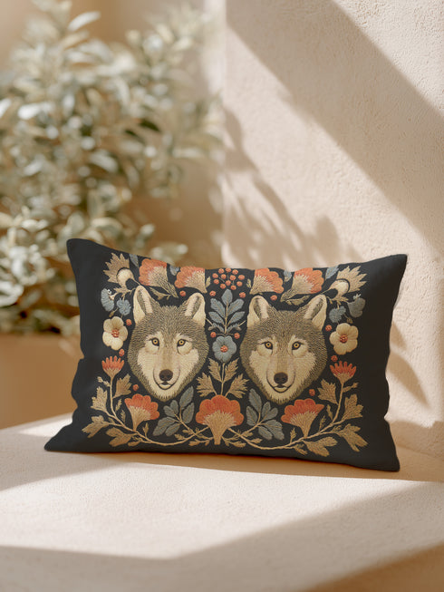 A rectangular black lumbar pillow, 12x20 inches, with a detailed symmetrical folk art print. The design features two forward-facing grey wolf heads in the center, flanked by intricate botanical elements. The color palette is moody and rustic, with flowers in burnt orange and cream, and leaves in slate blue and antique gold. The artwork has a faux embroidery, tapestry-style texture. This woodland animal accent cushion is made from a premium polyester fabric with a soft, linen feel.