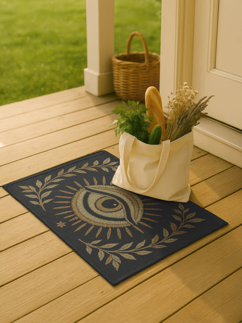 Woven 24x36 inch evil eye doormat in black and gold, featuring a central embroidered eye surrounded by sun rays and olive branches, made of 100% polyester chenille with a non-slip backing, designed for mystical or gothic home decor.