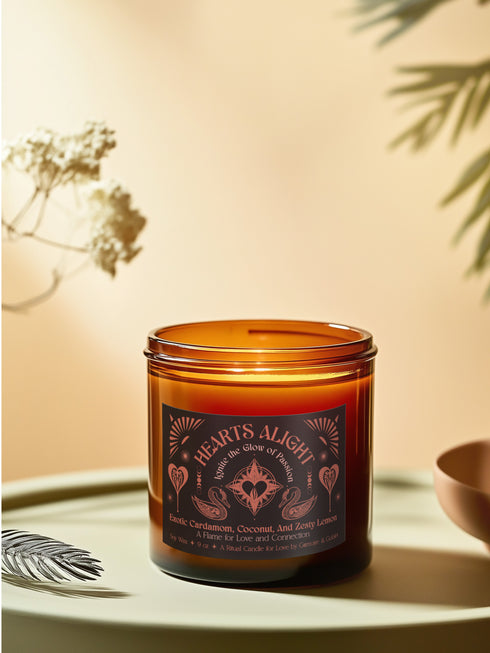 A 9 oz amber glass candle featuring a black label with rose gold art depicting hearts and swans. The label reads "Hearts Alight" and lists cardamom, coconut, and lemon fragrance notes. A cotton wick burns at the center.