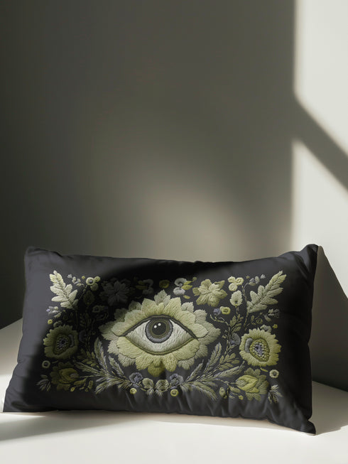 All-seeing eye botanical lumbar pillow with mystical herbal embroidery on dark navy fabric. Gothic cottagecore throw pillow featuring protective third eye symbol surrounded by sage botanicals, oak leaves & wildflowers. Witchy home decor with medieval tapestry aesthetic. Perfect for bohemian spiritual spaces, pagan decor & occult art lovers. 20x12 lumbar size.