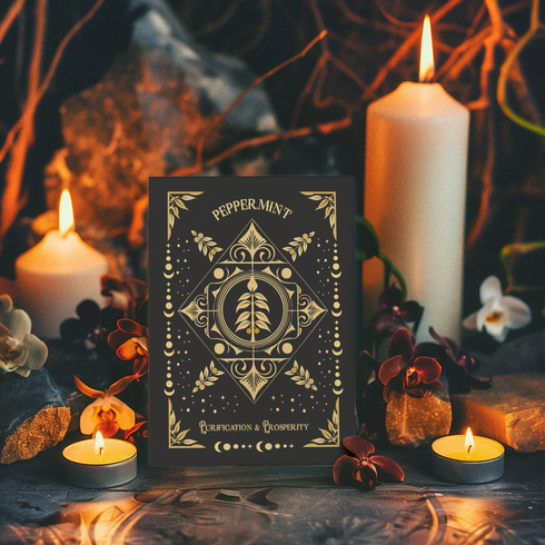 Peppermint-themed holiday ritual card featuring a gold-stylized peppermint design with celestial and ornate accents on the front and an inside message highlighting peppermint's historical significance and its use in rituals for purification and prosperity, including steps for New Year's practices.
