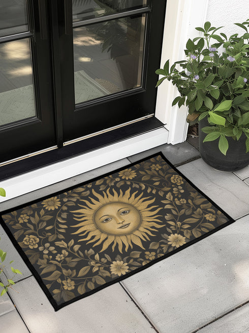 Handcrafted celestial doormat featuring an antique gold sun face with knowing eyes, surrounded by botanical motifs against a deep charcoal background with elegant black trim.