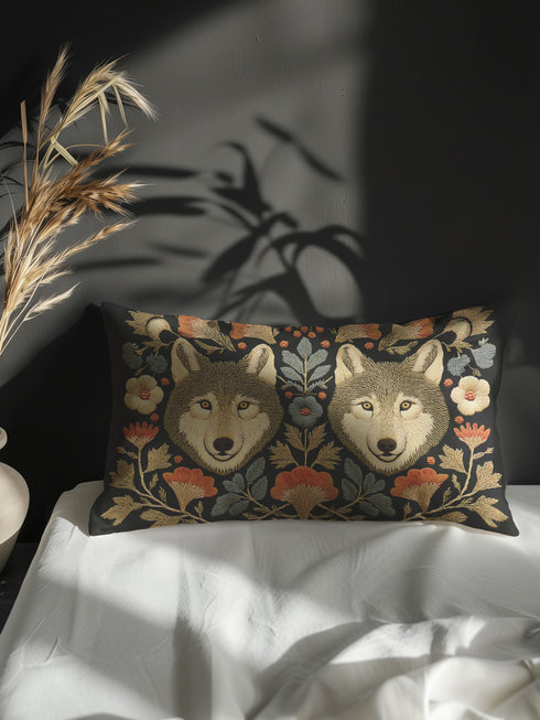 A rectangular black lumbar pillow, 12x20 inches, with a detailed symmetrical folk art print. The design features two forward-facing grey wolf heads in the center, flanked by intricate botanical elements. The color palette is moody and rustic, with flowers in burnt orange and cream, and leaves in slate blue and antique gold. The artwork has a faux embroidery, tapestry-style texture. This woodland animal accent cushion is made from a premium polyester fabric with a soft, linen feel.