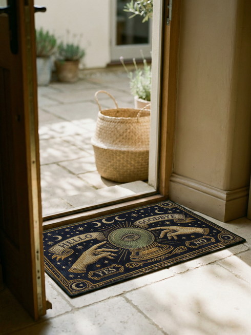 Grimoire and Goblet witchy doormat featuring a deep navy background with antique gold faux embroidered design of a crystal ball with central eye, surrounded by crescent moons, stars, and pointing hands, with ornate border and banner details, rectangular entryway rug with black trim and non-slip backing, mystical occult home decor mat for indoor or covered outdoor use
