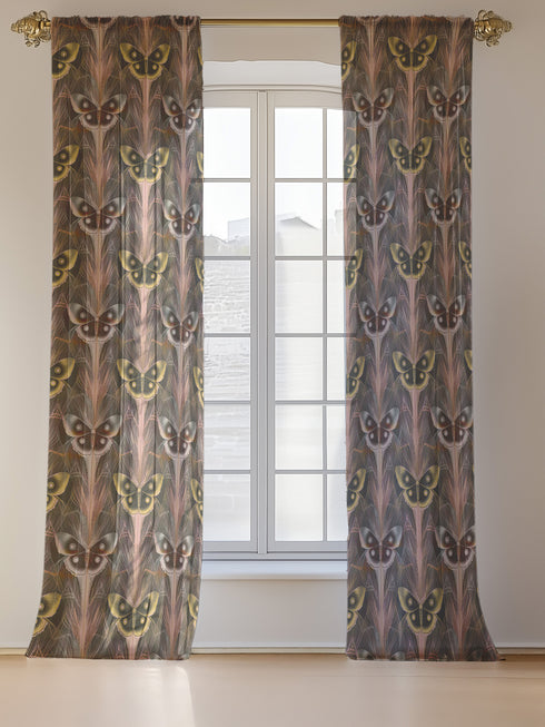 Sheer curtain panel featuring an alternating pattern of golden yellow and silver-gray moths arranged in vertical columns against a dusky background, with delicate rose-gold botanical details connecting each specimen.