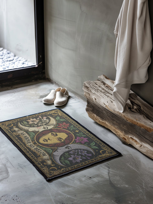 A triple moon doormat featuring the sacred symbol of maiden, mother, and crone, rendered in antique gold on a black ground with botanical detailing—designed for witchy homes, Wiccan spaces, and those drawn to divine feminine symbolism