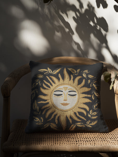 Black woven throw pillow with golden embroidered sun and laurel design, featuring a serene celestial face with closed eyes.