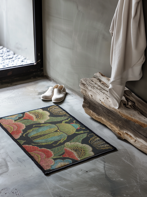 A rectangular doormat featuring a high-fidelity faux embroidery print on a solid black background. The central design is a large, detailed green and teal scarab beetle. It is surrounded by vibrant, flat-printed botanical motifs including large pink, red, and light blue flowers, green foliage, and pale gold-toned seed pods. The mat features a black fabric trim around the edges. The colorful print creates a 2D trompe-l'œil illusion of raised tapestry needlework on a smooth polyester surface.