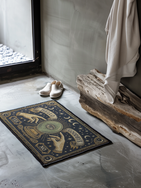 Grimoire and Goblet witchy doormat featuring a deep navy background with antique gold faux embroidered design of a crystal ball with central eye, surrounded by crescent moons, stars, and pointing hands, with ornate border and banner details, rectangular entryway rug with black trim and non-slip backing, mystical occult home decor mat for indoor or covered outdoor use