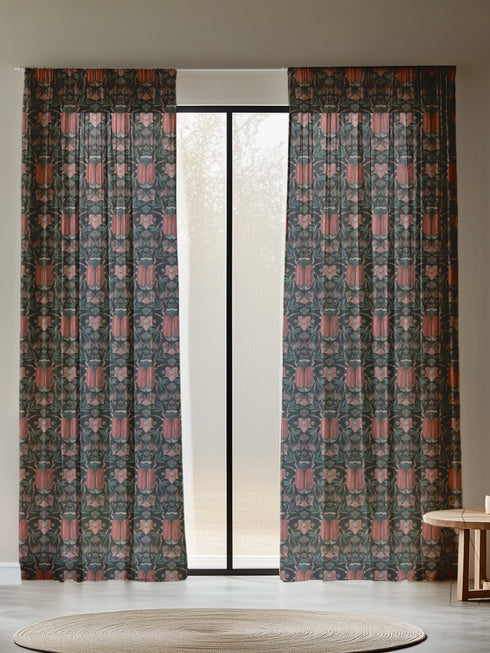 Sheer curtain panel featuring symmetrical pattern of coral-colored scarab beetles with detailed wings, surrounded by pale botanical elements on a dark green/black background. The translucent fabric filters light while displaying entomological motifs in vintage Victorian style.