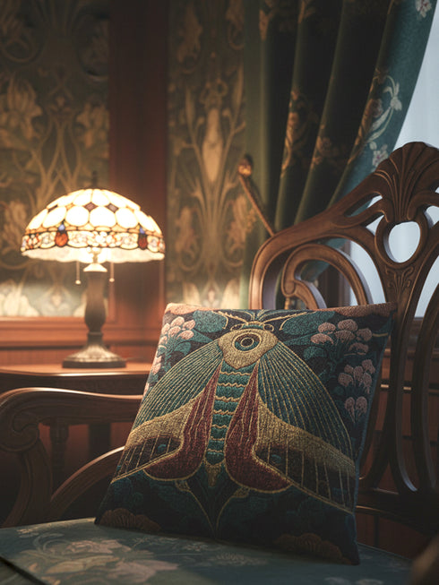 A Grimoire and Goblet woven tapestry pillow featuring a large, symmetrical Oleander Hawk Moth design. The moth has ochre and rust-colored wings with a distinct central eye marking on the thorax. It is set against a deep petrol teal background and flanked by stylized Arts and Crafts floral patterns in dusty rose and sage green. The texture is thick and woven, not printed, showcasing intricate thread details.