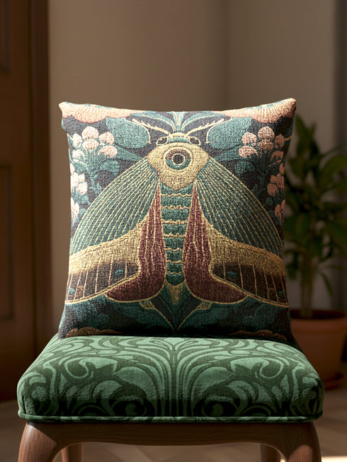 A Grimoire and Goblet woven tapestry pillow featuring a large, symmetrical Oleander Hawk Moth design. The moth has ochre and rust-colored wings with a distinct central eye marking on the thorax. It is set against a deep petrol teal background and flanked by stylized Arts and Crafts floral patterns in dusty rose and sage green. The texture is thick and woven, not printed, showcasing intricate thread details.