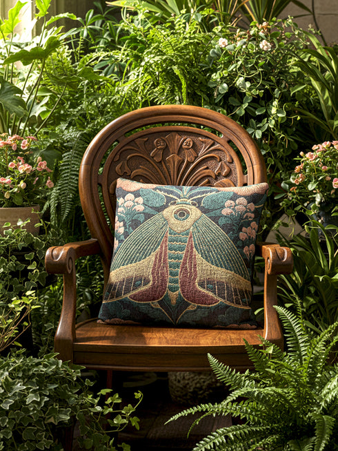 A Grimoire and Goblet woven tapestry pillow featuring a large, symmetrical Oleander Hawk Moth design. The moth has ochre and rust-colored wings with a distinct central eye marking on the thorax. It is set against a deep petrol teal background and flanked by stylized Arts and Crafts floral patterns in dusty rose and sage green. The texture is thick and woven, not printed, showcasing intricate thread details.