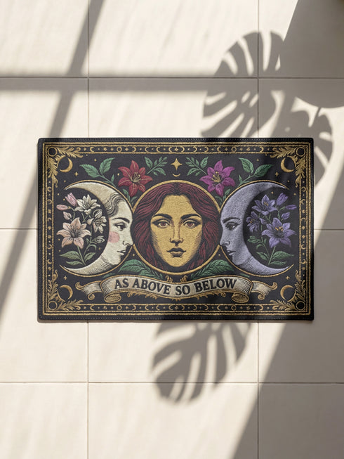 A triple moon doormat featuring the sacred symbol of maiden, mother, and crone, rendered in antique gold on a black ground with botanical detailing—designed for witchy homes, Wiccan spaces, and those drawn to divine feminine symbolism