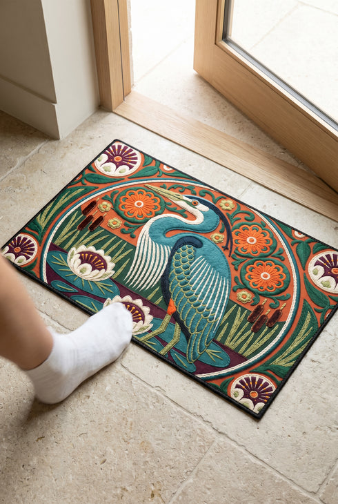 Rectangular low profile doormat printed with a faux embroidery effect that mimics raised crewel stitching. A tall teal blue heron stands at the center among olive green reeds, cattails, and cream water lilies. The rust orange ground is filled with curving botanical vines and small floral medallions, framed by a thin circular border with decorative sunburst corners. A sleek solid black rubber trim finishes all four edges of the one sided print.