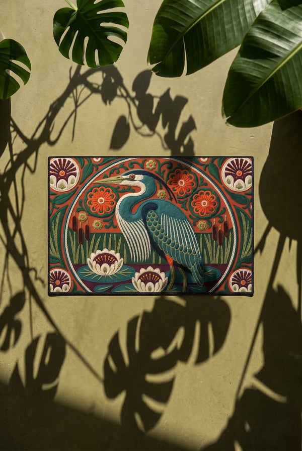 Rectangular low profile doormat printed with a faux embroidery effect that mimics raised crewel stitching. A tall teal blue heron stands at the center among olive green reeds, cattails, and cream water lilies. The rust orange ground is filled with curving botanical vines and small floral medallions, framed by a thin circular border with decorative sunburst corners. A sleek solid black rubber trim finishes all four edges of the one sided print.