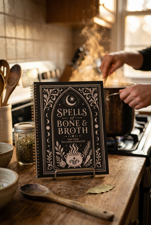 Spiral bound hardcover recipe journal lying flat. The matte black front cover is illustrated with light beige botanical vines, small crescent moons, a radial starburst, and a central cauldron releasing curls of steam, with classical lettering reading Spells of Bone and Broth. A black metal wire-o coil binds the left edge. The interior shows bright white pages printed with a structured recipe template, including labeled sections for ingredients and instructions, over a rigid chipboard backing.