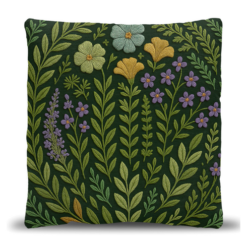A rectangular 17x18-inch decorative throw pillow featuring a botanical woven tapestry design with embroidered flowers and leaves in green, yellow, and purple tones on a dark green background. The pillow has a double-sided print and is filled with plush poly fill, sewn closed for a soft and cozy finish. Ideal for whimsigoth decor, garden-inspired living spaces, or as a thoughtful embroidered home gift.