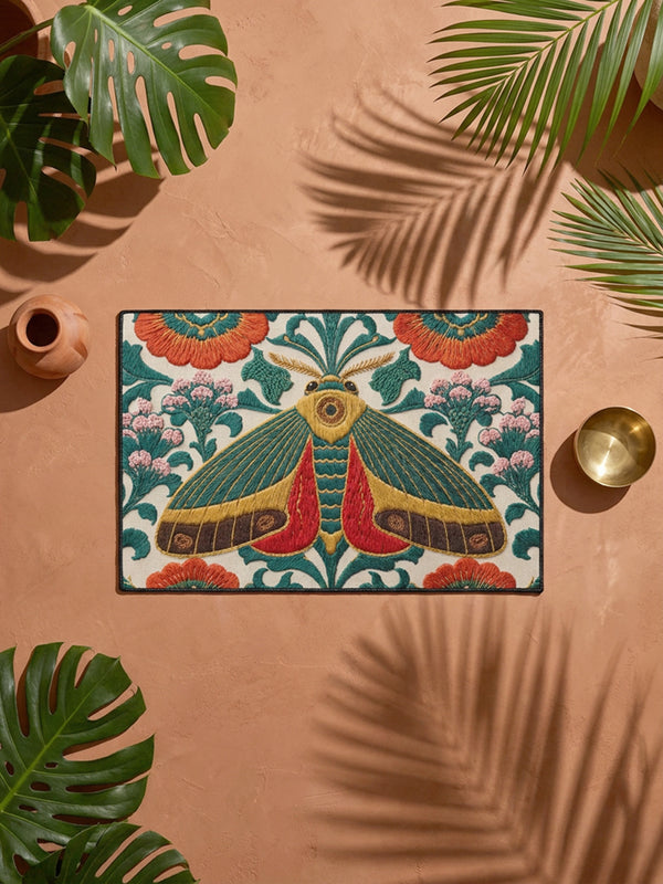 Rectangular low profile doormat printed on a cream ground with a faux embroidery effect that imitates raised satin stitch. A large symmetrical moth sits at the center with teal green wings, mustard yellow upper edges, and deep red lower wing markings. Surrounding it are oversized burnt orange and red blooms, winding green foliage, and clusters of small pink flower buds. A solid black trim frames all four edges of the flat, one sided printed surface.