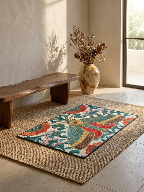 Rectangular low profile doormat printed on a cream ground with a faux embroidery effect that imitates raised satin stitch. A large symmetrical moth sits at the center with teal green wings, mustard yellow upper edges, and deep red lower wing markings. Surrounding it are oversized burnt orange and red blooms, winding green foliage, and clusters of small pink flower buds. A solid black trim frames all four edges of the flat, one sided printed surface.