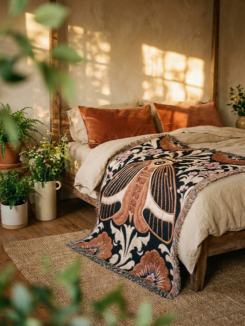 Woven cotton throw blanket with fringed edges and a black ground. At the center is a large moth with copper, brown, and cream wings marked by fine stripes and a concentric eyespot, with feathered antennae. Cream acanthus scrollwork fans out around it in the Art Nouveau manner, joined by clusters of lilac and mauve flowers and copper-brown blossoms with pale rays at the top and bottom. The pattern is jacquard woven, and the reverse shows a mirrored, softer version of the design.