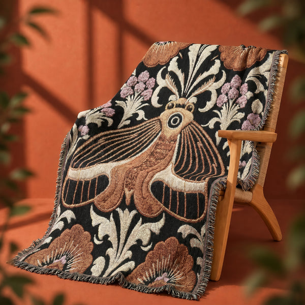 Woven cotton throw blanket with fringed edges and a black ground. At the center is a large moth with copper, brown, and cream wings marked by fine stripes and a concentric eyespot, with feathered antennae. Cream acanthus scrollwork fans out around it in the Art Nouveau manner, joined by clusters of lilac and mauve flowers and copper-brown blossoms with pale rays at the top and bottom. The pattern is jacquard woven, and the reverse shows a mirrored, softer version of the design.