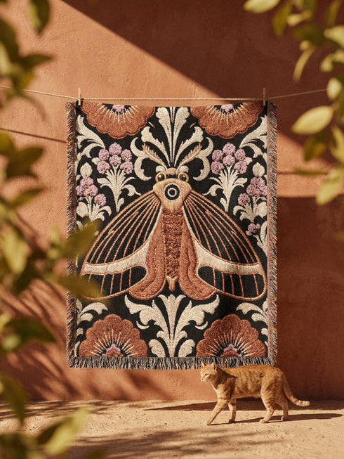 Woven cotton throw blanket with fringed edges and a black ground. At the center is a large moth with copper, brown, and cream wings marked by fine stripes and a concentric eyespot, with feathered antennae. Cream acanthus scrollwork fans out around it in the Art Nouveau manner, joined by clusters of lilac and mauve flowers and copper-brown blossoms with pale rays at the top and bottom. The pattern is jacquard woven, and the reverse shows a mirrored, softer version of the design.