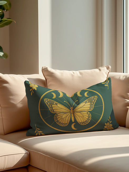 A rectangular lumbar pillow cover, measuring 20 by 12 inches, is displayed against a neutral background. The pillow cover is made of a deep teal green fabric with a subtle, linen-like texture. In the center, a large, intricately detailed butterfly with spread wings is printed in a shimmering gold color. The butterfly is framed by a golden oval which also contains a series of gold moon phase symbols, showing the full lunar cycle. The four corners of the pillow is adorned with gold floral design.