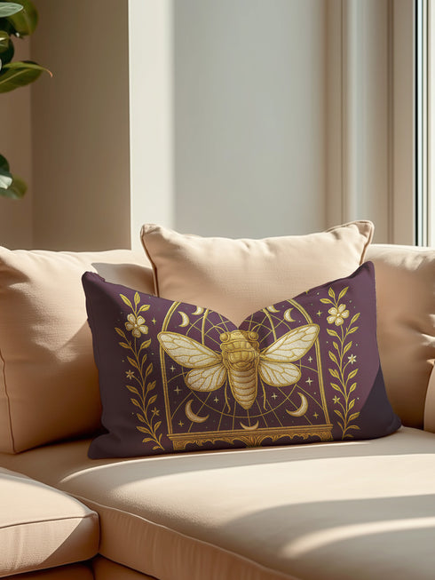 A rectangular lumbar pillow cover in a deep, moody plum-purple. The pillow features a detailed, symmetrical design in a shimmering gold color. In the center is a large, ornate cicada with translucent, veined wings, facing forward. The cicada is framed by a gothic-style archway with intricate patterns. Above the arch is a full moon, flanked by waxing and waning crescent moon phases. The design is bordered by vertical botanical vines with small flowers and stars, completing the mystical aesthetic.