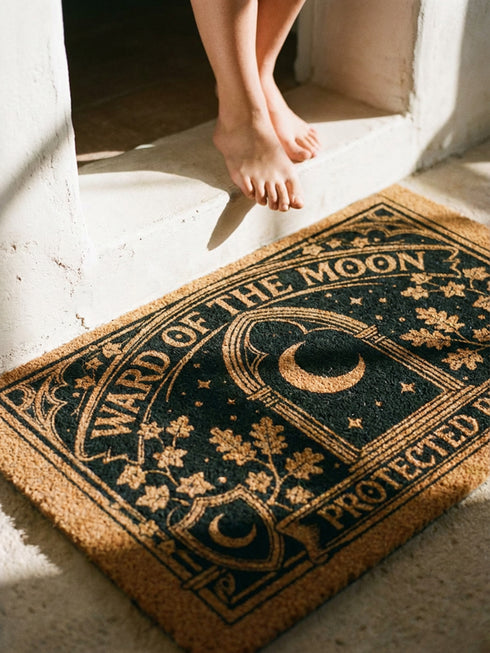 A rectangular natural tan doormat featuring a gothic celestial moon phase design in high-contrast black ink. The central crescent moon is detailed with mystical flourishes and surrounded by a symmetrical line of moon phases and twinkling stars. This 2D flat print is applied to coarse, tufted coconut coir fiber for a vintage grimoire aesthetic. The doormat includes a heavy-duty black vinyl non-slip backing and is designed as a functional accent for a dark academia or witchy porch entryway.