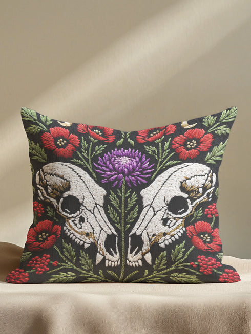 Gothic Wolf Skull Floral Pillow Cover, Dark Academia Decor, Witchy Botanical Cushion Case