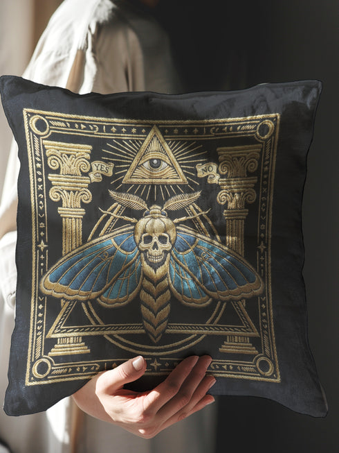 Grimoire & Goblet black pillow cover featuring a faux embroidery style printed design of a death’s-head moth with a skull motif, muted blue wings, antique gold linework, classical columns, geometric borders, small stars, and an all-seeing eye within a triangle. Square decorative pillowcase with double-sided print, hidden zipper, and linen-feel polyester finish for gothic, dark academia, and occult home decor.
