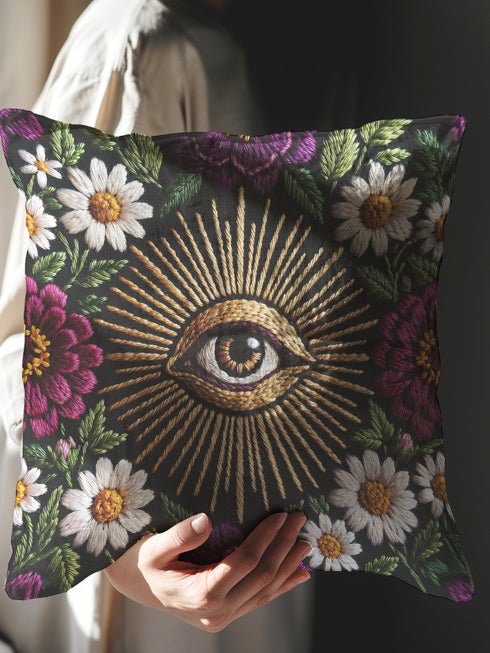 Grimoire and Goblet gothic pillow cover featuring a central evil eye surrounded by radiating gold sunburst rays, framed by white daisy flowers, magenta floral blooms, and green botanical foliage on a black background, designed with a highly detailed faux embroidery print that mimics stitched texture while remaining smooth, arranged in a symmetrical medallion composition, creating a dark academia and witchy botanical aesthetic decorative cushion cover