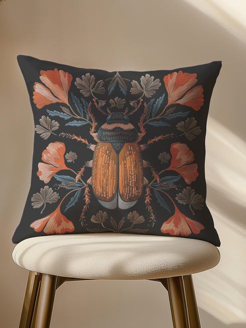 Luxury black pillowcase featuring a detailed scarab beetle with vibrant coral-orange wings and navy thorax, surrounded by symmetrical coral flowers and teal leaves. The intricate entomology illustration shows fine linework with scientific precision against a deep black background.