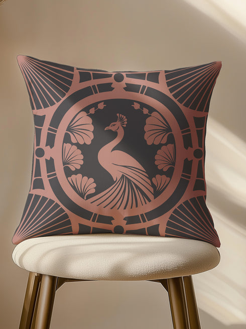 Square pillow cover featuring a stylized copper peacock design centered in a medallion, surrounded by Art Deco fan patterns and shell motifs on a dark forest green background.