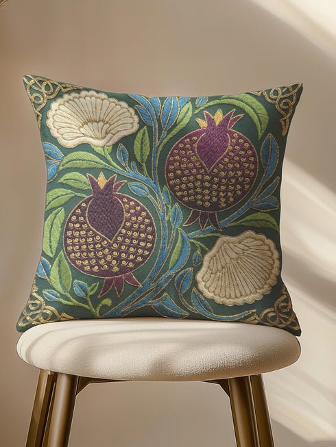 A Grimoire and Goblet decorative pillow cover featuring a Pomegranate and Flower design on a dark midnight teal background. The artwork uses a faux embroidery effect to create the illusion of raised gold and red threadwork on a smooth fabric. The pattern includes red pomegranates, cream carnations, and green leaves in a William Morris style botanical print. Fits Dark Academia, Whimsigoth, and Victorian Gothic decor. Double-sided print with hidden zipper. Cover only.