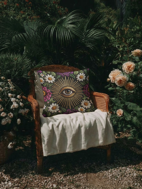 Grimoire and Goblet gothic pillow cover featuring a central evil eye surrounded by radiating gold sunburst rays, framed by white daisy flowers, magenta floral blooms, and green botanical foliage on a black background, designed with a highly detailed faux embroidery print that mimics stitched texture while remaining smooth, arranged in a symmetrical medallion composition, creating a dark academia and witchy botanical aesthetic decorative cushion cover