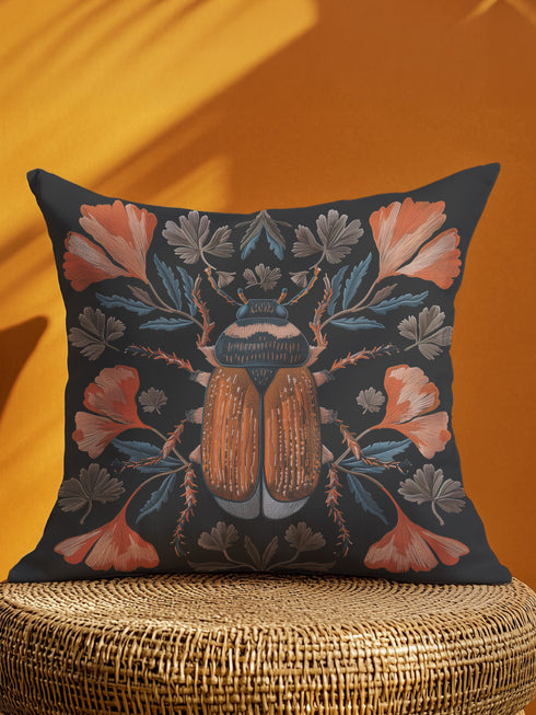 Luxury black pillowcase featuring a detailed scarab beetle with vibrant coral-orange wings and navy thorax, surrounded by symmetrical coral flowers and teal leaves. The intricate entomology illustration shows fine linework with scientific precision against a deep black background.