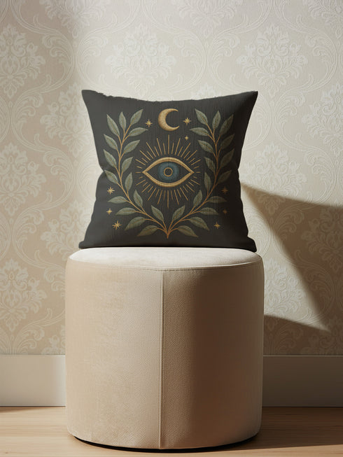 A luxury linen-feel dark gray pillow by Grimoire and Goblet, complete with insert. Features a central, embroidered-look All-Seeing Eye in blue and gold, surrounded by a radiant golden laurel wreath, crescent moon, and stars. Mystical gothic pillow with a seamless zipper.