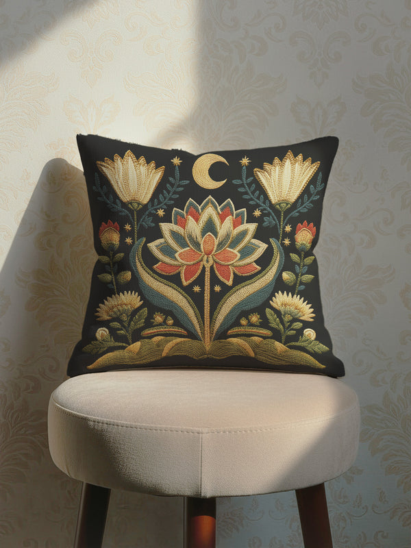 A square black luxury throw pillow from GrimoireandGoblet, complete with a plush insert and a soft, linen-feel polyester case. The pillow's case features an intricate, symmetrical Art Nouveau design. In the center is a large, stylized lotus flower in red, teal, and gold. The printed design mimics the rich texture of vintage tapestry or embroidery. This dark, moody, celestial, and floral Grimoire and Goblet pillow has a premium, seamless hidden zipper on its case.