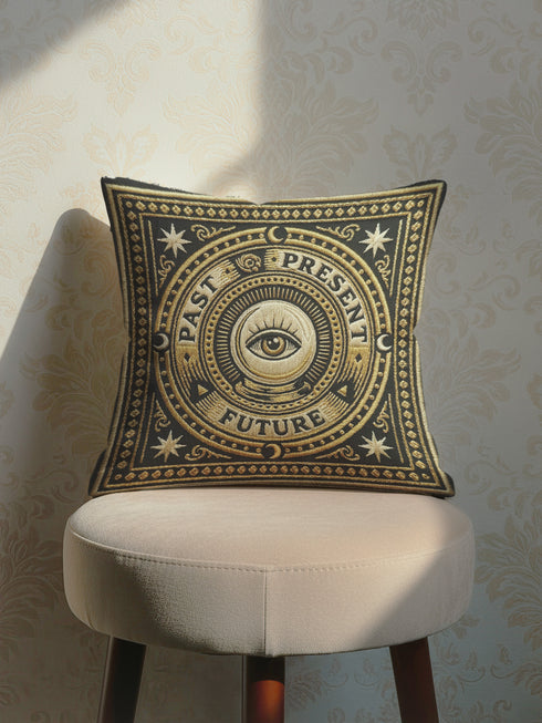 A square charcoal black pillow cover featuring a celestial All-Seeing Eye medallion in a dark academia style. The central 2D flat print mimics antique gold embroidery with a radial sunburst and the words Past, Present, and Future. Four crescent moons and eight-pointed stars accent the corners in a rust-ochre hue. The smooth polyester fabric has a concealed zipper and a seamless finish, showcasing the vintage trompe-l'œil tapestry design printed on both sides of the cushion cover.