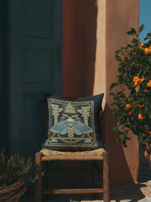 Grimoire & Goblet black pillow cover featuring a faux embroidery style printed design of a death’s-head moth with a skull motif, muted blue wings, antique gold linework, classical columns, geometric borders, small stars, and an all-seeing eye within a triangle. Square decorative pillowcase with double-sided print, hidden zipper, and linen-feel polyester finish for gothic, dark academia, and occult home decor.