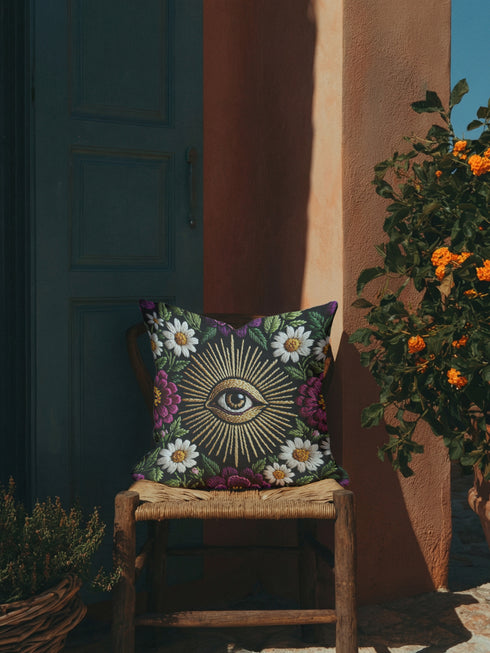 Grimoire and Goblet gothic pillow cover featuring a central evil eye surrounded by radiating gold sunburst rays, framed by white daisy flowers, magenta floral blooms, and green botanical foliage on a black background, designed with a highly detailed faux embroidery print that mimics stitched texture while remaining smooth, arranged in a symmetrical medallion composition, creating a dark academia and witchy botanical aesthetic decorative cushion cover