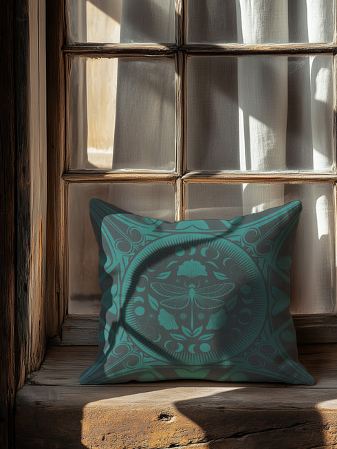 Square pillow cover featuring an intricate emerald green dragonfly design centered in a medallion surrounded by moon phases and Art Nouveau geometric patterns on a dark charcoal background.