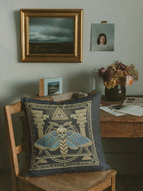 Grimoire & Goblet black pillow cover featuring a faux embroidery style printed design of a death’s-head moth with a skull motif, muted blue wings, antique gold linework, classical columns, geometric borders, small stars, and an all-seeing eye within a triangle. Square decorative pillowcase with double-sided print, hidden zipper, and linen-feel polyester finish for gothic, dark academia, and occult home decor.