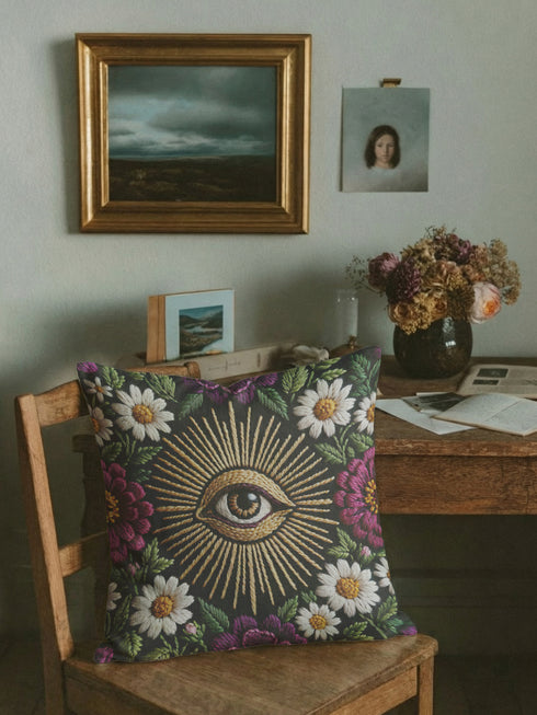 Grimoire and Goblet gothic pillow cover featuring a central evil eye surrounded by radiating gold sunburst rays, framed by white daisy flowers, magenta floral blooms, and green botanical foliage on a black background, designed with a highly detailed faux embroidery print that mimics stitched texture while remaining smooth, arranged in a symmetrical medallion composition, creating a dark academia and witchy botanical aesthetic decorative cushion cover