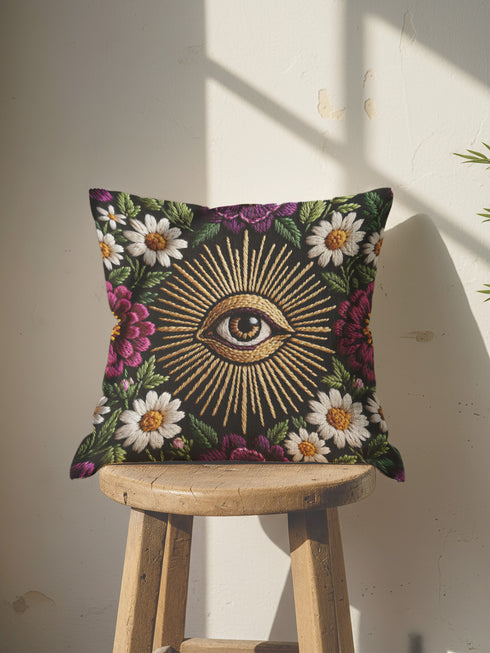 Grimoire and Goblet gothic pillow cover featuring a central evil eye surrounded by radiating gold sunburst rays, framed by white daisy flowers, magenta floral blooms, and green botanical foliage on a black background, designed with a highly detailed faux embroidery print that mimics stitched texture while remaining smooth, arranged in a symmetrical medallion composition, creating a dark academia and witchy botanical aesthetic decorative cushion cover
