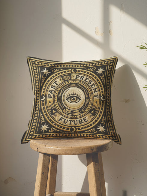 A square charcoal black pillow cover featuring a celestial All-Seeing Eye medallion in a dark academia style. The central 2D flat print mimics antique gold embroidery with a radial sunburst and the words Past, Present, and Future. Four crescent moons and eight-pointed stars accent the corners in a rust-ochre hue. The smooth polyester fabric has a concealed zipper and a seamless finish, showcasing the vintage trompe-l'œil tapestry design printed on both sides of the cushion cover.