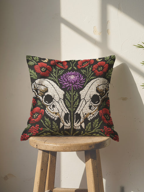 Gothic Wolf Skull Floral Pillow Cover, Dark Academia Decor, Witchy Botanical Cushion Case